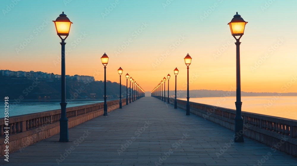 Obraz premium Wide cinematic dusk shot of Smart Flood Barrier illuminated with LED safety lights along waterfront. 