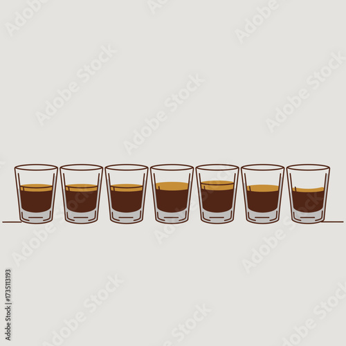 Line of Espresso Coffee Shots in Glasses Illustration for Energy Boost, Cafe Advertising, and Morning Routine Concepts