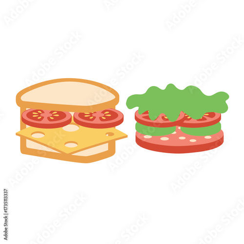 Open sandwich with separate bread, lettuce and tomato illustration for food preparation design