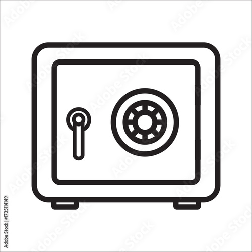 Minimalist line art icon representing a sturdy security safe, equipped with a dial lock and keyhole for safeguarding valuables, embodying concepts of protection, finance, and treasure storage
