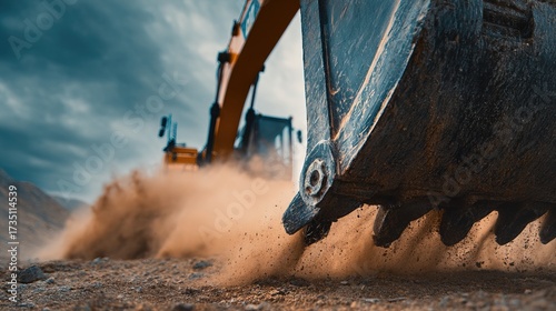 Excavation Action Construction Site Heavy Machinery Dusty Environment Ground Level Industrial Concept for Efficient Earth Moving Operations