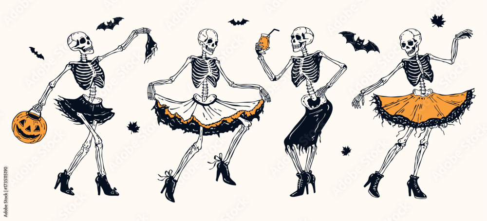 Naklejka premium Vintage Halloween vector set with skeletons in skirts and heels, pumpkin bag with glass, flying bats. Hand drawn silhouette collection in black and orange accent style