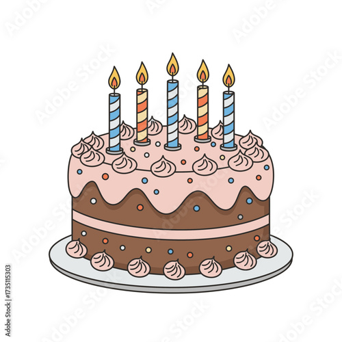 Chocolate birthday cake with icing and candles illustration for celebration and party design
