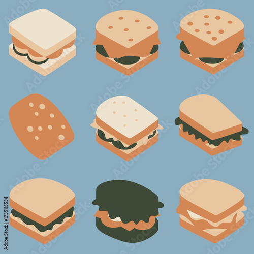 Variety of sandwich bread and buns assortment illustration for fast food and bakery collection