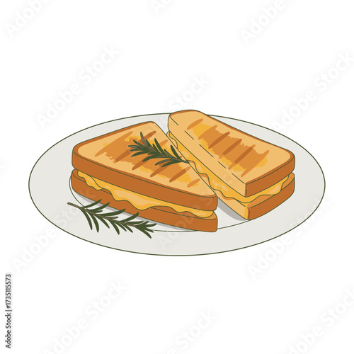 Delicious grilled panini sandwich with melted cheese and herbs on plate food illustration