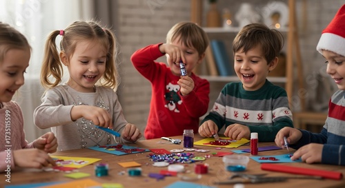 クリスマス飾りをきらめくグリッターで手作りする笑顔の子供たち夢中に色を塗る小さな手と明るい表情に柔らかな自然光が降り注ぐ. AI Generated