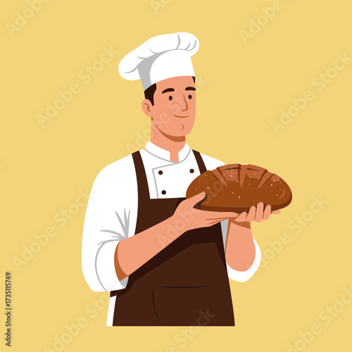 Professional baker holding bread illustration, culinary character concept symbolizing baking, cooking and bakery business