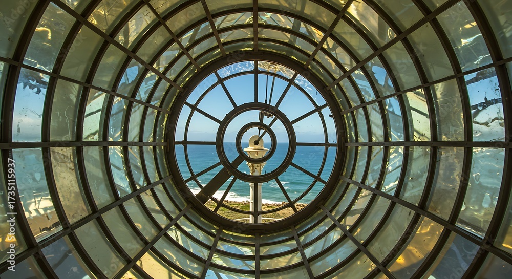 Obraz premium Architectural window view of ocean and sky with circular design