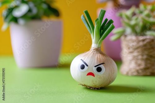 Angry Onion With Googly Eyes on Green Table, Symbolizing Healthy Eating Habits and Food Industry Innovation, With Potted Plants in Background : Generative AI
