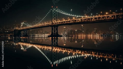 Illuminated Bridge Over Water at Night with City Skyline