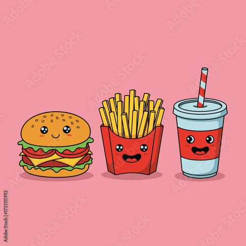 Fast food combo with burger, fries and soda, tasty junk food meal illustration for restaurants, snacks and cravings themes