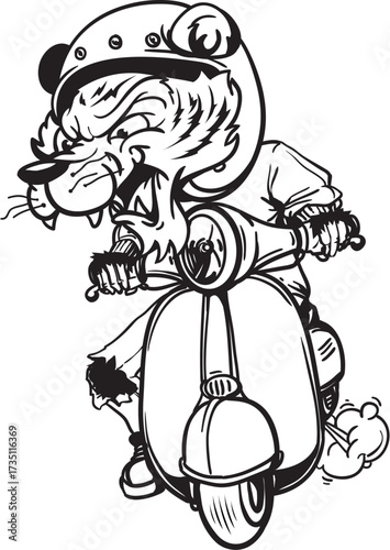 Furious cartoon tiger in helmet riding a classic scooter, vintage style black and white illustration with exhaust smoke.