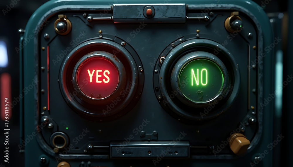 Fototapeta premium Industrial Control Panel with Glowing Red Yes and Green No Buttons