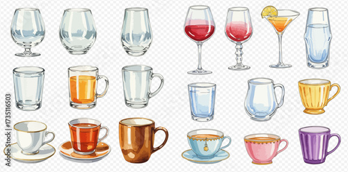 A comprehensive collection of various drinking glasses, mugs, and teacups, some filled with beverages like wine, beer, and tea, on a transparent background.