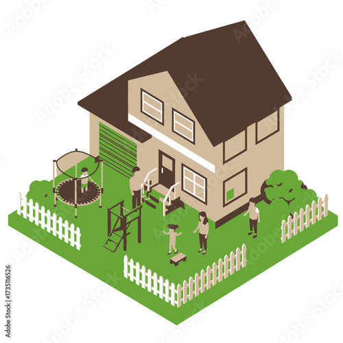 House with garden flat illustration representing real estate, property, family home, architecture, and suburban living