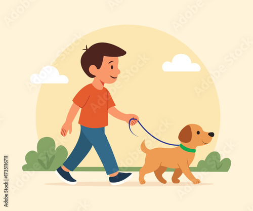 Boy walking a dog on a leash in a park