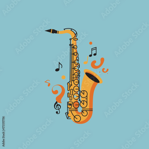 Saxophone with music notes flat illustration representing melody, band, jazz, musical creativity, and art performance