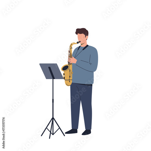 Man playing saxophone flat illustration representing jazz musician, performance, concert, and live music themes