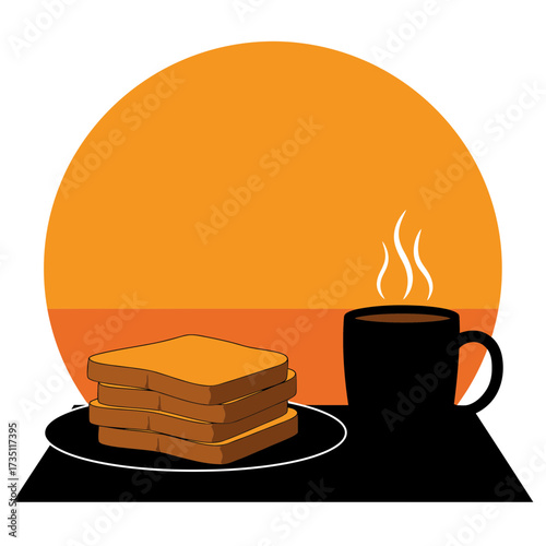 Coffee and toast breakfast flat illustration representing cozy morning, café food, daily meal, and energy start