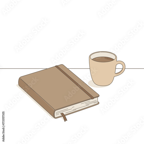 Coffee and notebook flat illustration symbolizing productivity, journaling, study session, and cozy work environment