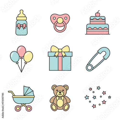A collection of baby-themed icons, including a bottle, pacifier, cake, balloons, gift, safety pin, stroller, teddy bear, and stars.