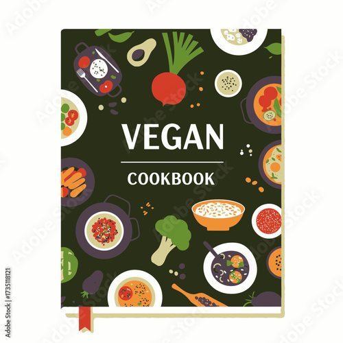 Vegan cookbook cover design flat illustration with vegetables, healthy food concept, and plant-based lifestyle theme