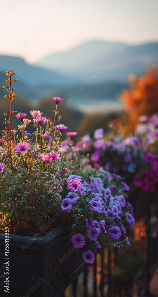 Obraz premium Floral arrangement in a container with a scenic background of mountains and sky