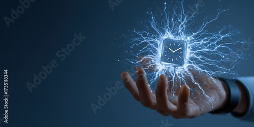 Hand Holding Floating Clock With Electric Energy, Symbolizing Time Management and Deadline Urgency, for Business Productivity and Efficiency Concepts : Generative AI