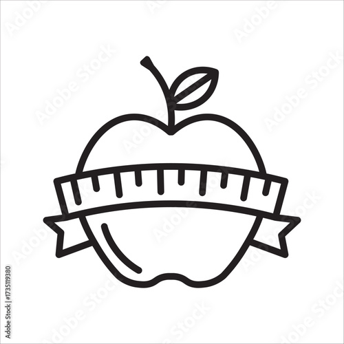 Healthy lifestyle and fitness icon an apple with a measuring tape, symbolizing weight loss and nutrition