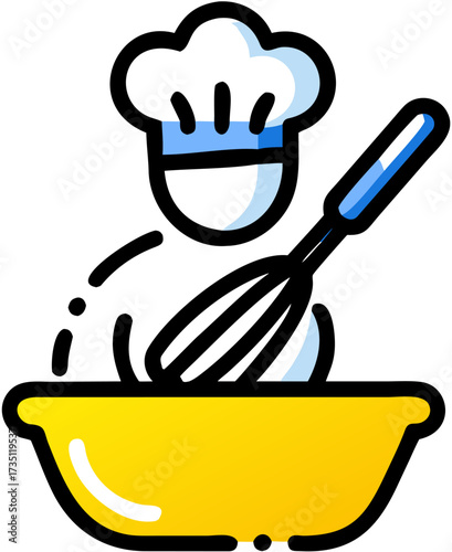 Chef with Whisk Cooking in Bowl Outline Icon Cook Baker Mixing Food Ingredient Preparation