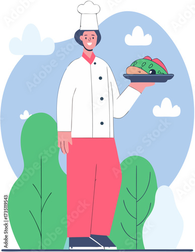 Happy Chef Serving Dish Tasty Food Cuisine Chef Hat Vector Illustration Cartoon