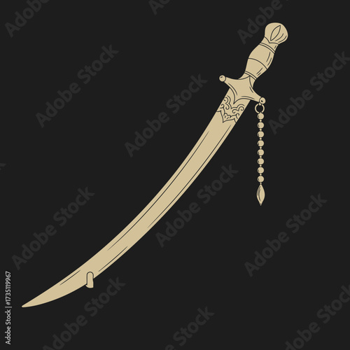 Traditional curved sword weapon illustration, antique blade, historical war and medieval combat vector design