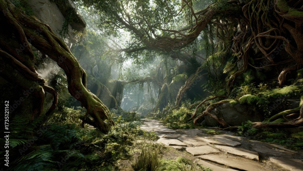 Fototapeta premium Lush Green Forest Path With Stone Bridge, Evoking Tranquility and a Sense of Exploration for Travel and Adventure Brands : Generative AI