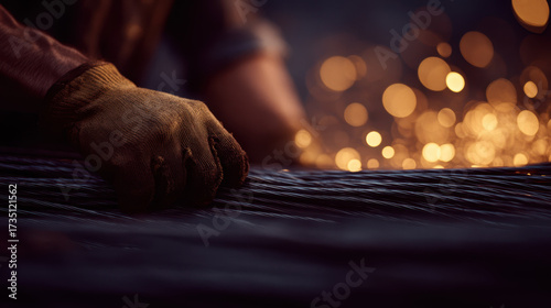 Worker wearing glove tying rebar close up with blurred glowing sparks in background creating warm atmosphere