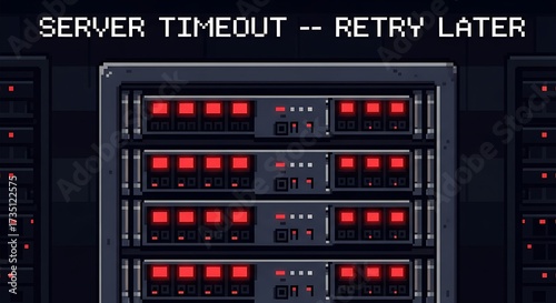 Pixel art illustration of server timeout, retry later message against rack of servers with blinking red lights in retro 8-bit style for tech concepts