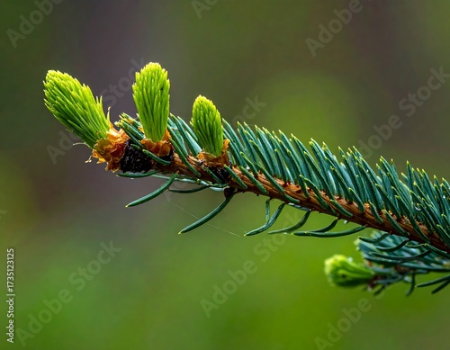 Closeup of Fresh Green Fir Tree Branch Tips.