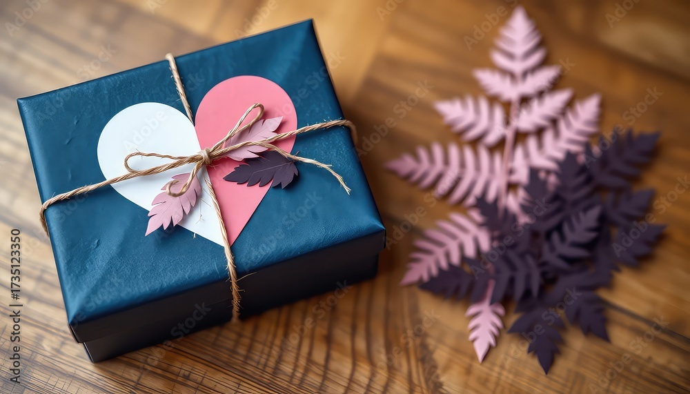 Fototapeta premium Thoughtful Gift Dark Blue Wrapped Present with Hearts and Delicate Paper Leaves on a Wooden Surface