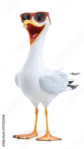 A cheerful seagull wearing sunglasses, captured in a vibrant illustration. The seagull is smiling and open-mouthed.