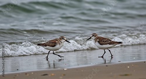 Shorebirds walking along the beach at waters edge closeup photography