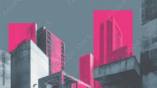Brutalist Architecture With Pink Overlay Against Gray Sky, Illustrating Urban Development and Modern Design Concepts for Real Estate Marketing and City Planning : Generative AI