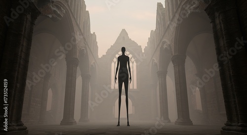 Silhouette figure standing in gothic cathedral setting with dramatic lighting