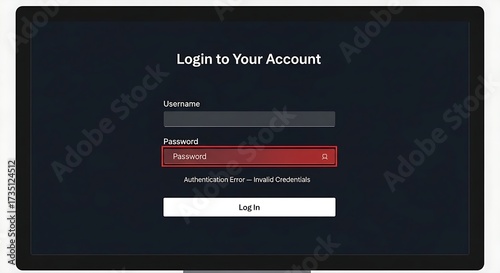 Login screen with error message highlighting password field, user authentication problem, invalid credentials on dark background, online security issue