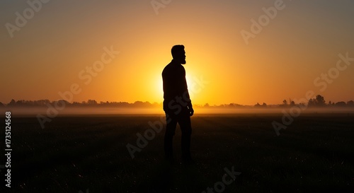 Silhouette of a man standing at sunset in a field environment