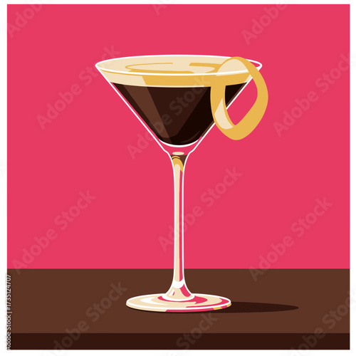 Espresso martini cocktail glass with lemon twist – elegant bar drink vector illustration