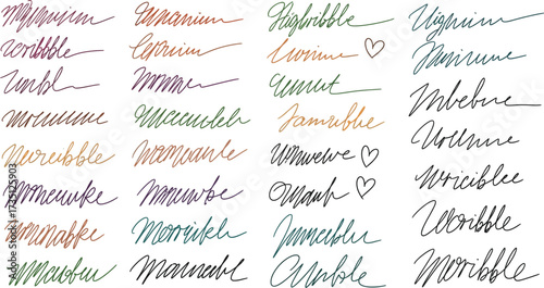 Handwritten words in various colors and styles create an artistic, playful, and whimsical design element for creative projects.