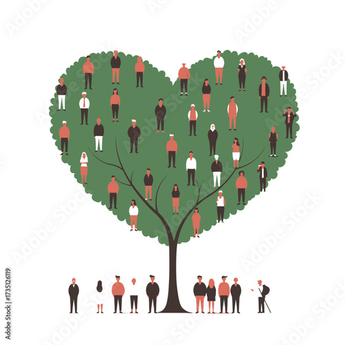 Heart-shaped tree with tiny people illustration symbolizing love, unity, eco-friendliness, and community growth