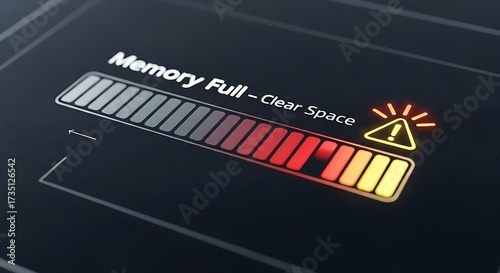 Urgent warning displayed on screen memory full alert with progress bar and warning symbol indicating need to clear space