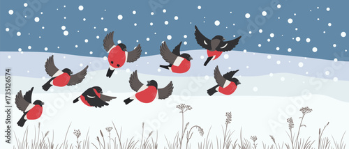 vector drawing winter landscape with snow, dry grass and flying birds of bullfinch, hand drawn illustration,cover background