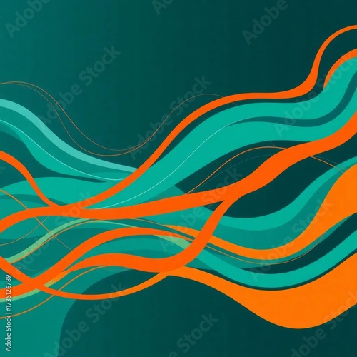 Abstract Flowing Waves: This image presents a dynamic and visually appealing design featuring elegant, flowing waves in vibrant teal and orange hues set against a deep teal backdrop.