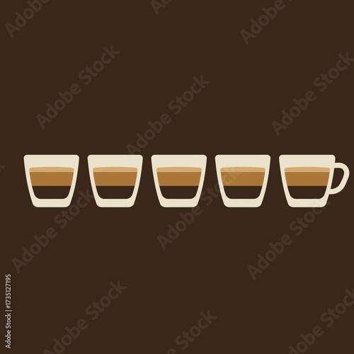 Coffee espresso cup lineup illustration with dark brown background for café, barista, or caffeine concepts